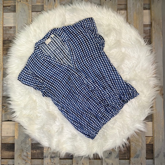 EUC. Postmark 9-H15 {Anthro} Blue + White Checked V-Neck Wrap Blouse Top | Small - Picture 1 of 13